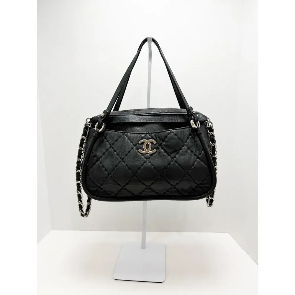 CHANEL Iridescent Calfskin Quilted Relax CC Camera Case Black Silver